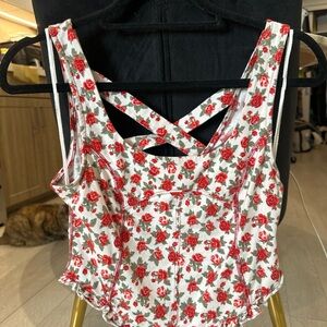Free People- Floral Rose Print Corset Tank Top with Ruffle Hem- S